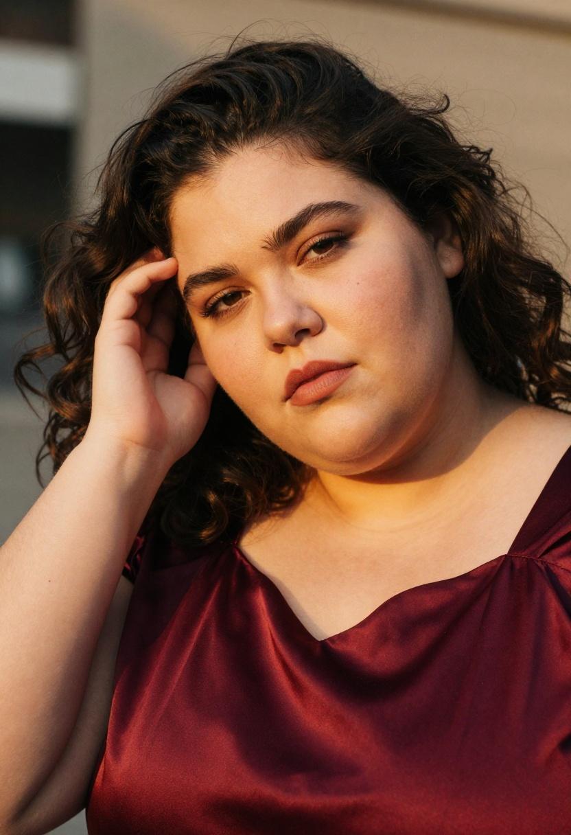 Plus size woman in deep burgundy satin blouse glowing in golden-hour light as a quiet luxury close-up statement
