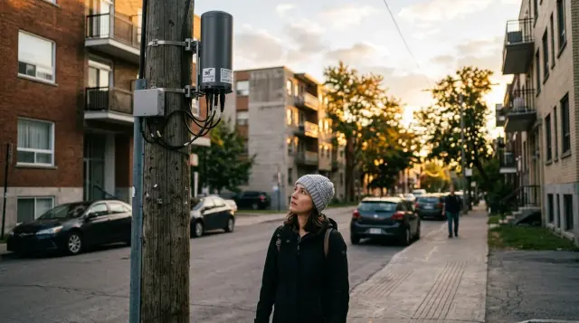 Person wearing protective silver beanie near urban 5G small cell antenna on utility pole, golden hour