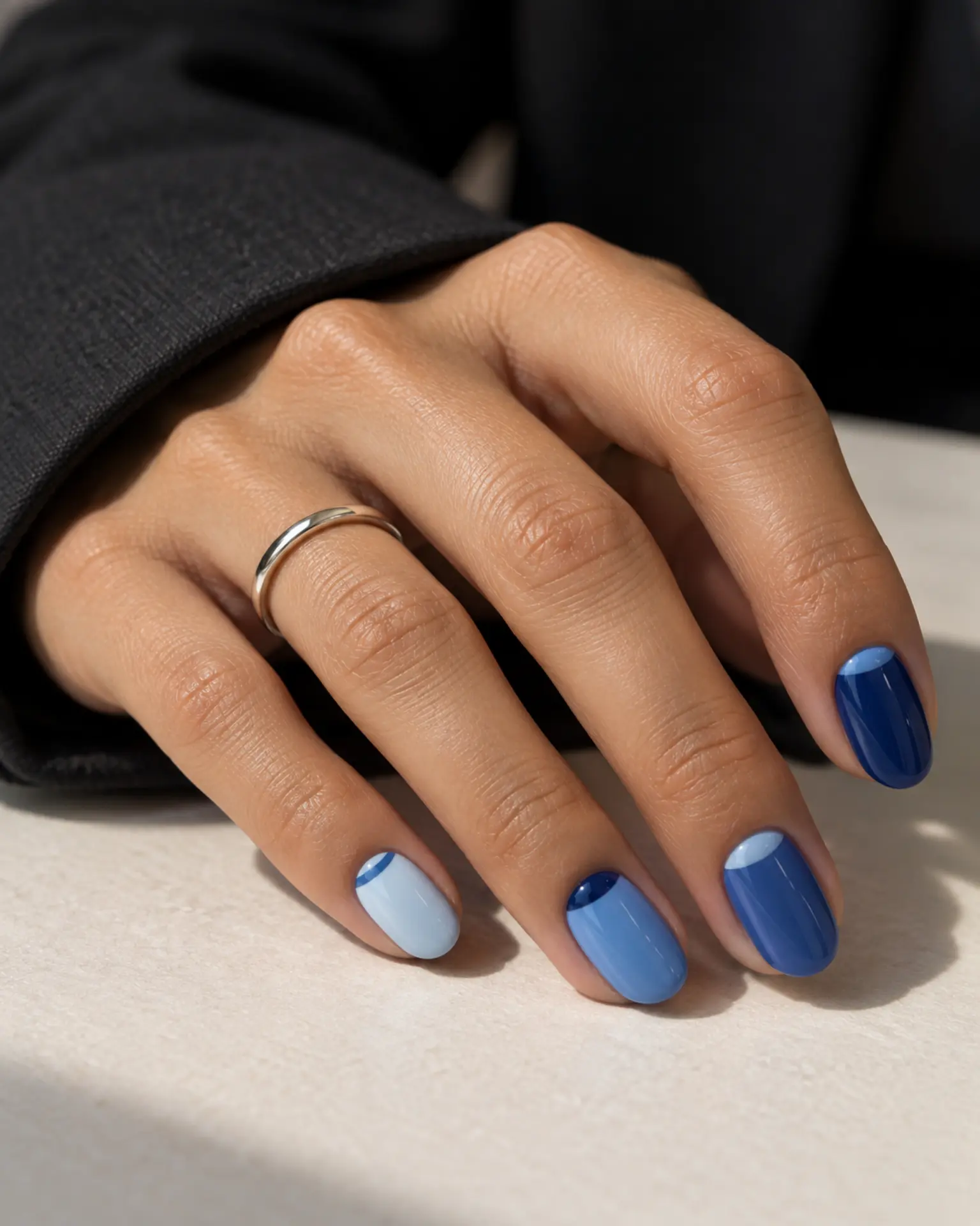 Blue Reverse French manicure inspiration for blue nail ideas