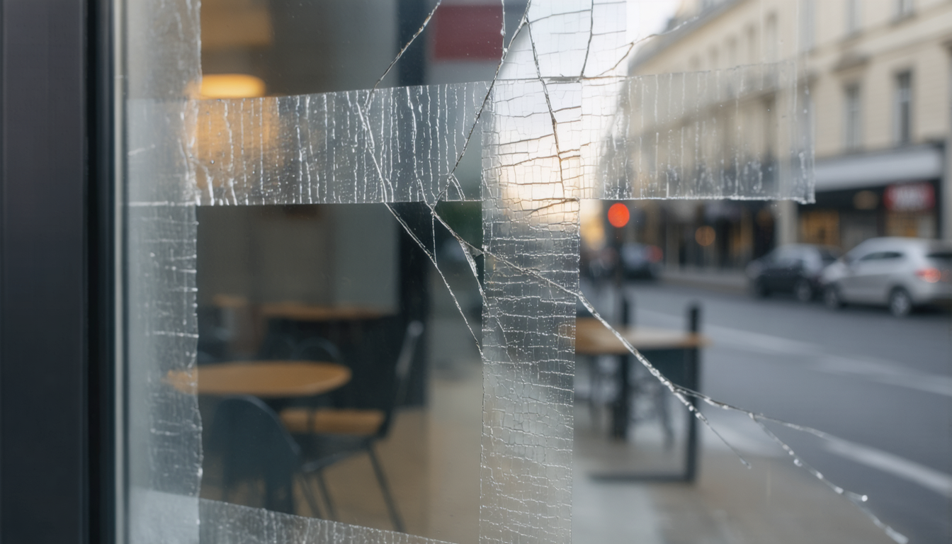 A close view of a hairline crack branching across a café window pane, taped from within.