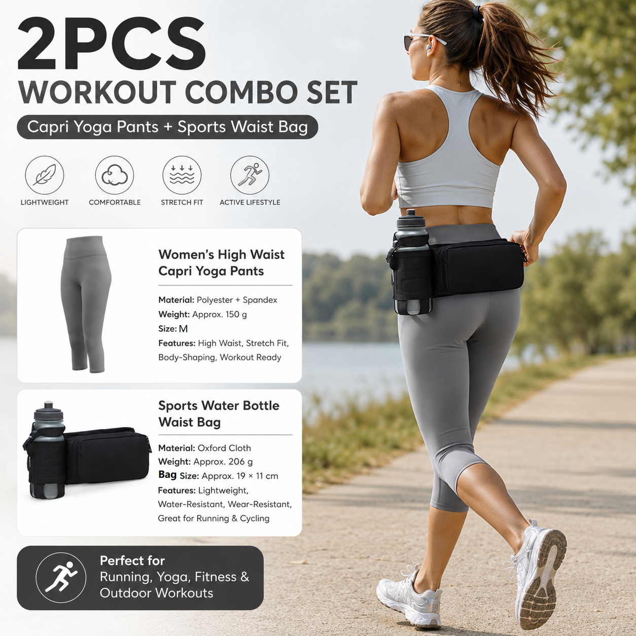 Winter Fitness Bundle - Grey M size Women's High Waist 3/4 Yoga Leggings with Peach Hip Lift and Black Waterproof Sports Waist Bag with Bottle Holder for Running Gym and Outdoor Activities