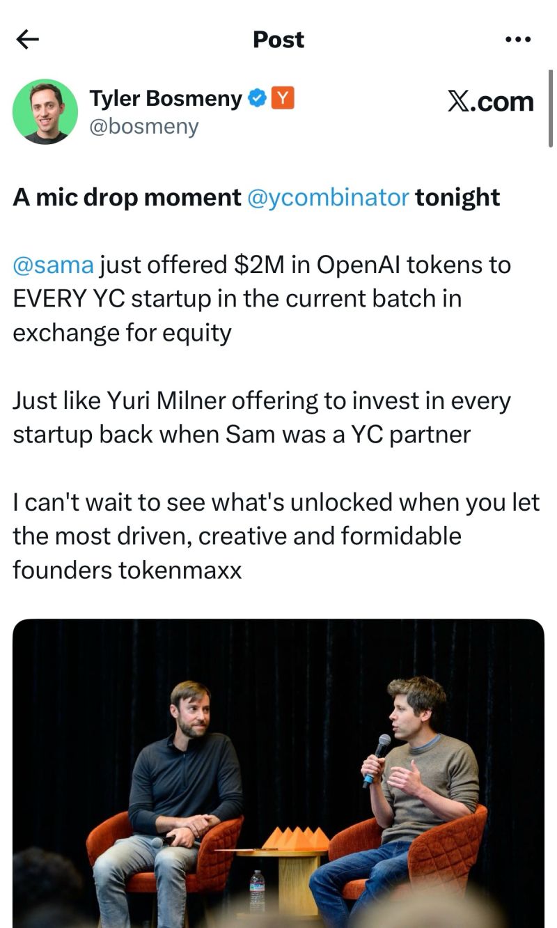 OpenAI가 YC 배치 169개사에 API 토큰을 투자한다