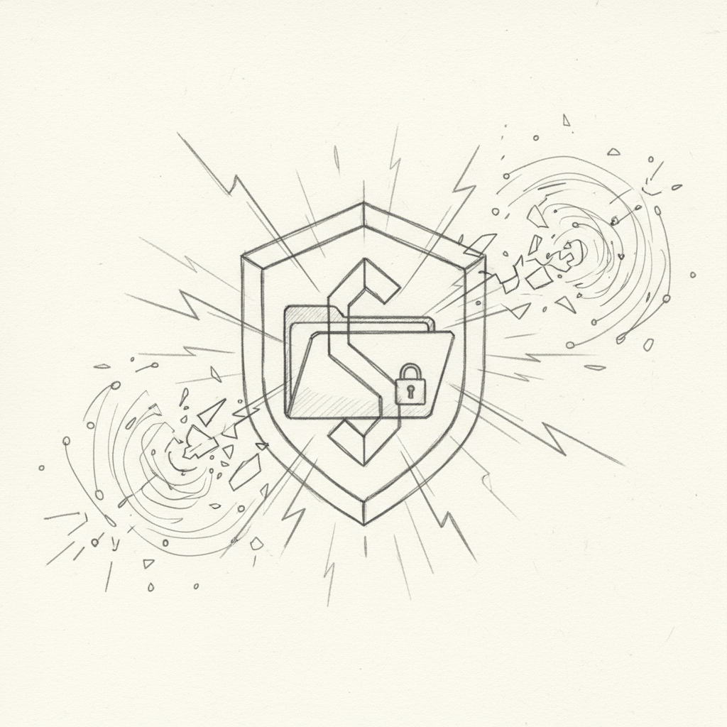 Shield with a locked folder, symbolizing cybersecurity and data protection, surrounded by dynamic lines and fragments, representing threats to sensitive client information in professional services.
