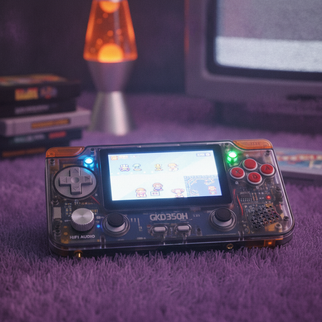 A sleek, black retro handheld console with a vibrant screen displaying a classic game, highlighting its audio jack.