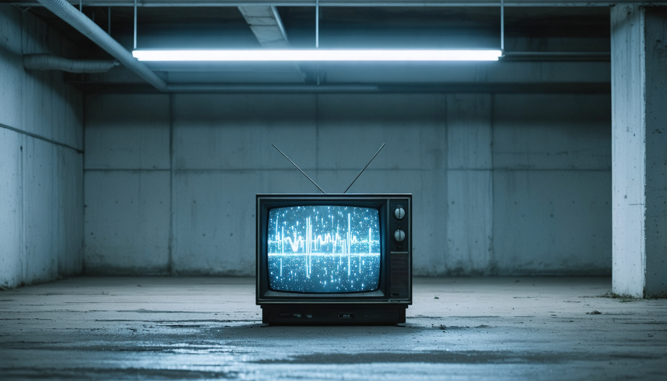 A single analog television displaying static in an otherwise empty concrete room, lit from above by a bare fluorescent tube.