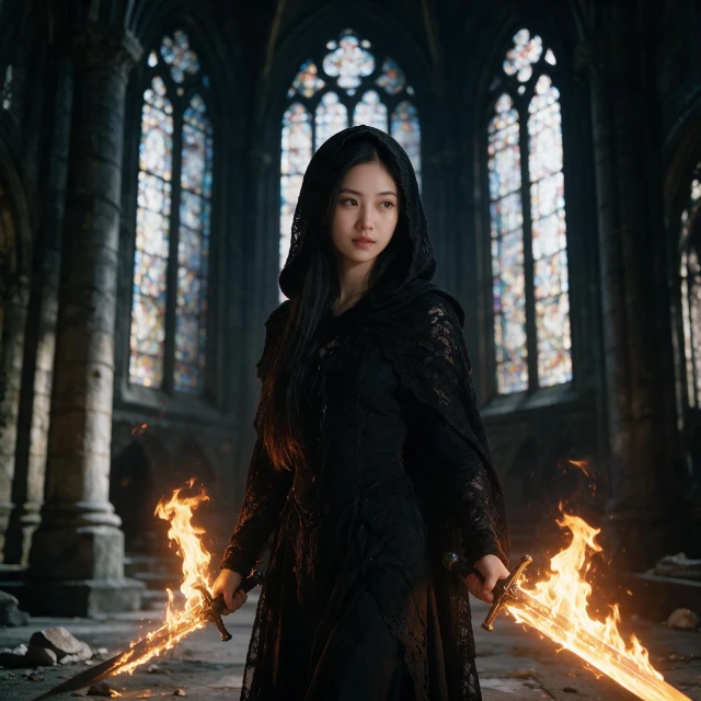 wearing a black lace hooded outfit, standing in a gothic cathedral, wielding two flaming swords — intense flames illuminate the scene. Tall stained glass windows, stone pillars, scattered debris on the floor. Mystical, dark fantasy