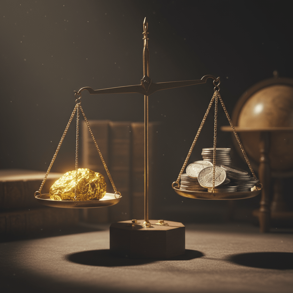 A scale balancing gold and silver, illustrating the Gold-to-Silver ratio.