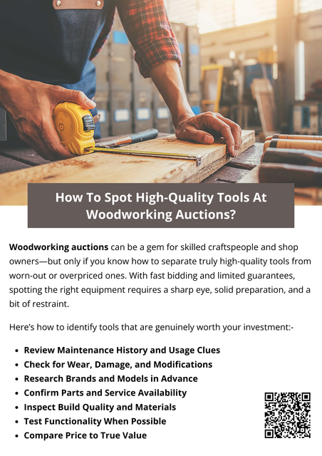 Spotting high-quality tools at woodworking auctions is about slowing down in a fast-moving environment. With preparation, careful inspection, and disciplined bidding, you can secure tools that deliver precision, safety, and long-term value—long after the auction excitement fades. To know more visit here https://www.auctionmasters.com/industries/woodworking-cabinet-shop