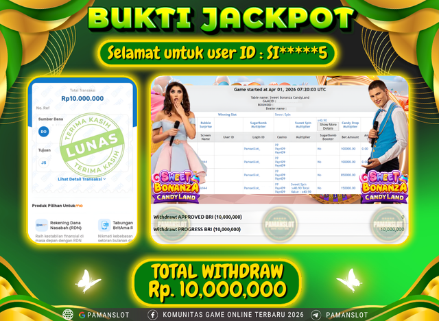 Selamat kepada Member PAMANSLOT LIVE PP - Sweet Bonanza Candyland : SI*****2