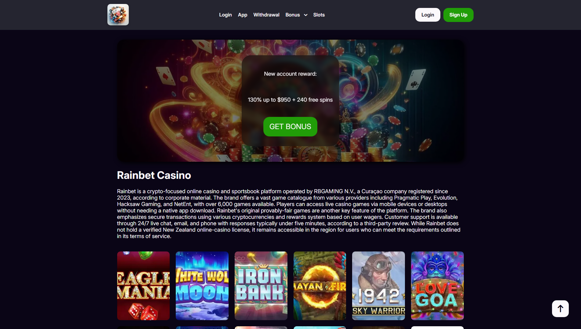 Stored capture of rainbet-online.nz