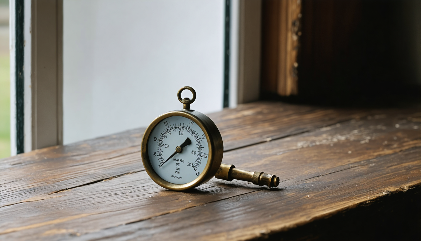 A brass measuring instrument resting on a wooden table, its needle still, a window of gray light behind it.