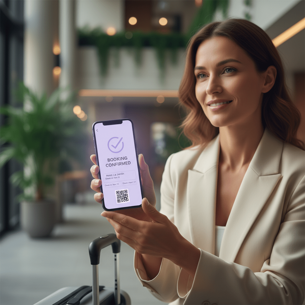 Traveler instantly confirming a hotel booking on smartphone