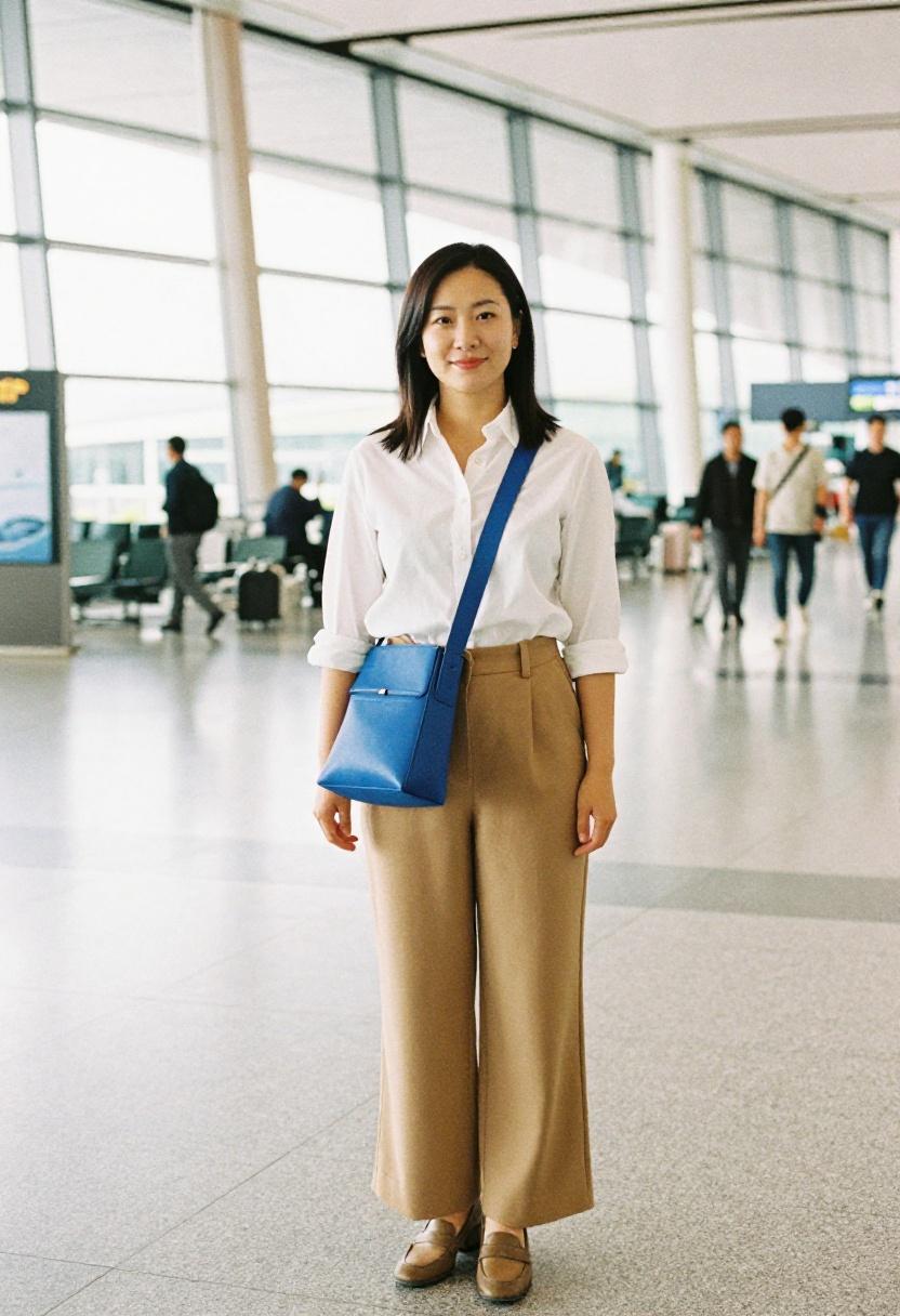 Woman with cobalt crossbody bag wearing wide-leg trousers and crisp white shirt in airport-to-office outfit