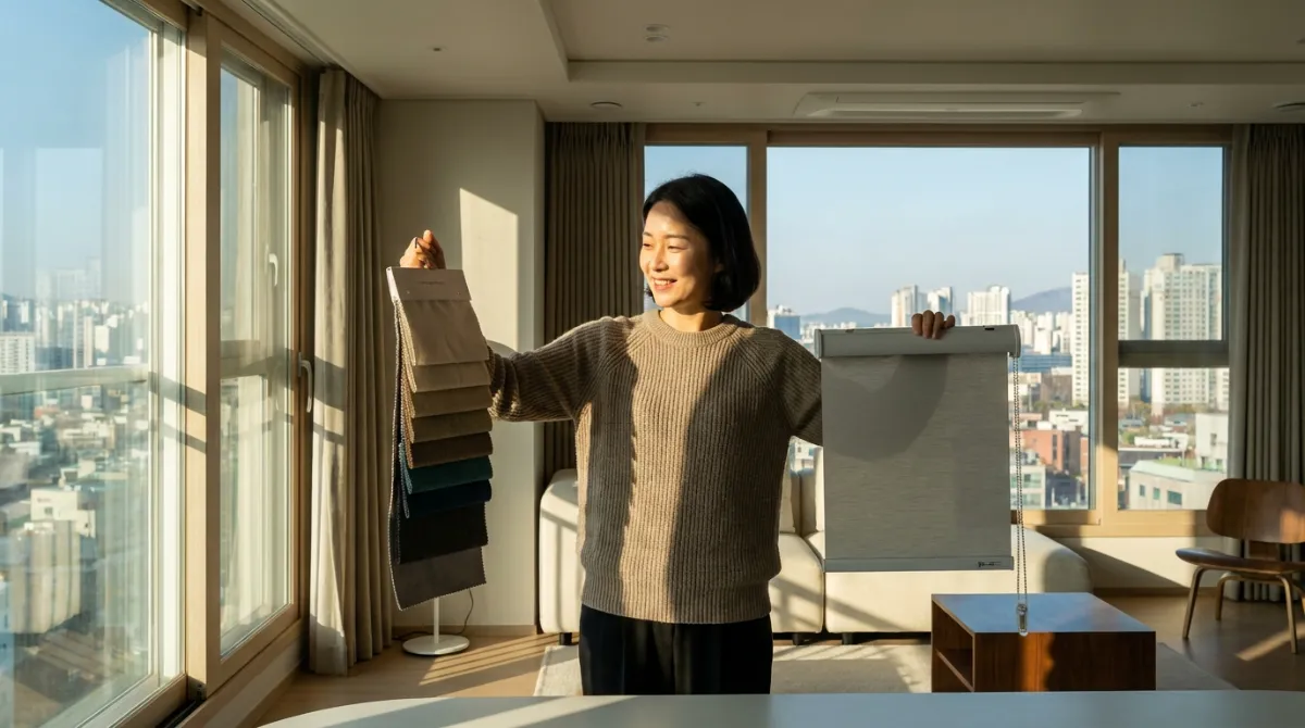 30대 한국인이 암막 커튼과 롤스크린 샘플을 비교하며 고민하는 모습, 밝은 거실 창가 배경