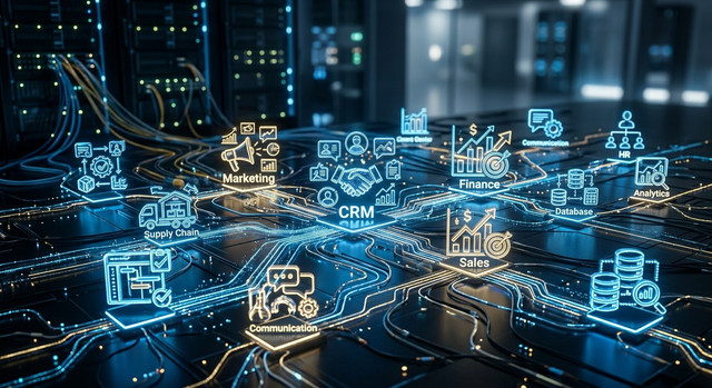 A network of glowing lines connects abstract icons which represent various business applications such as CRM and marketing, illustrating the concept of integration.