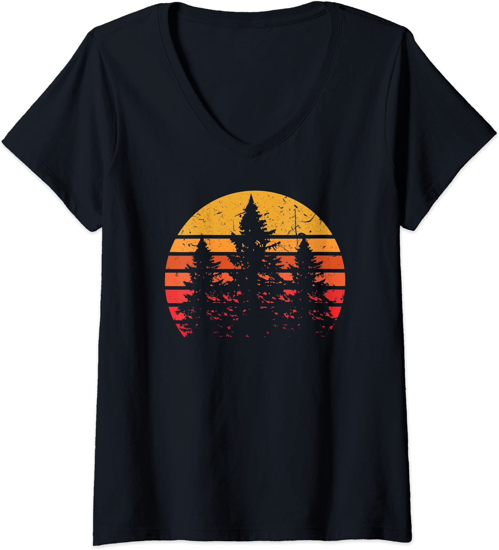 Retro Sun Minimalist Pine Tree Design Graphic Ladies’ V-Neck Tshirt