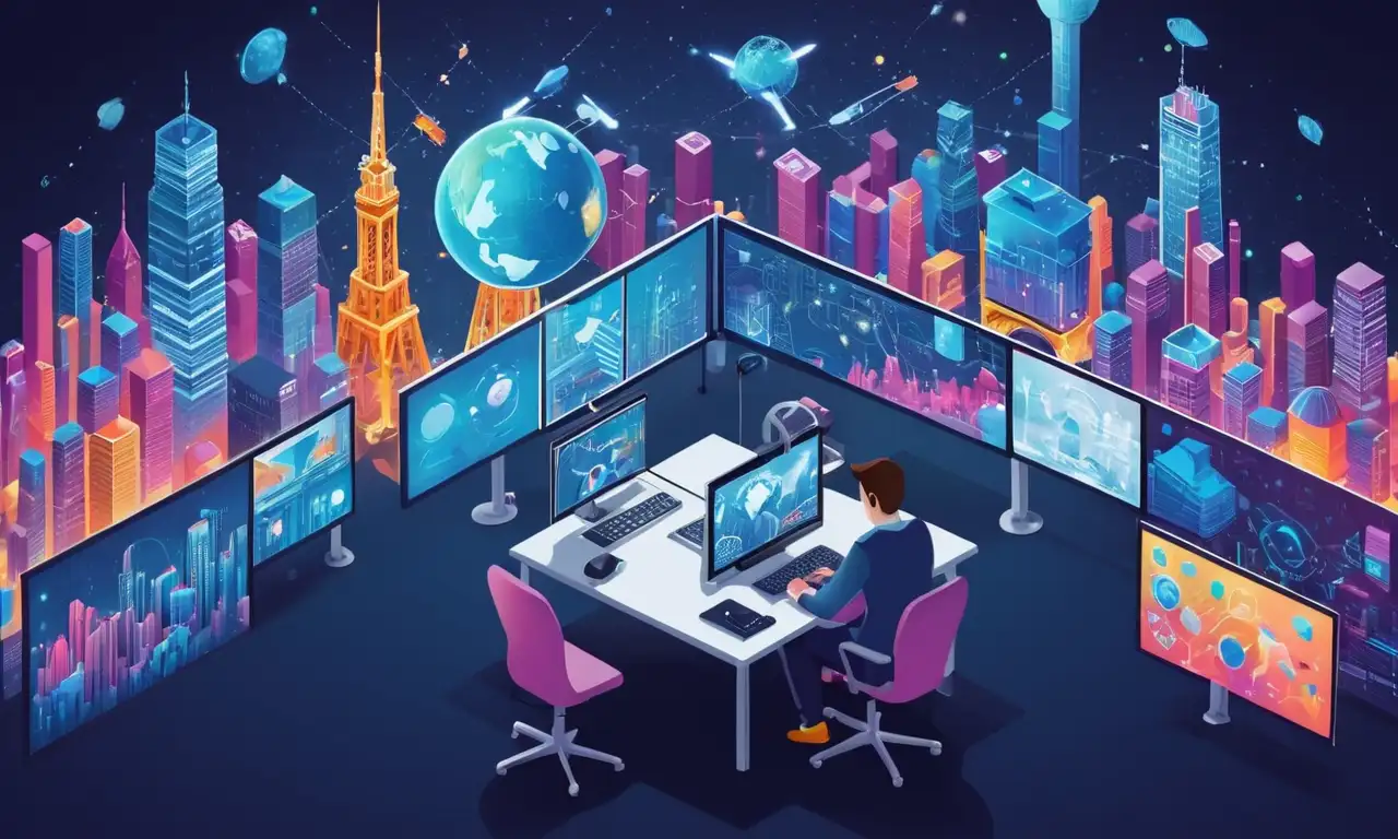 Una persona rodeada de herramientas y pantallas creativas, con un paisaje urbano en el fondo que simboliza la conectividad global.