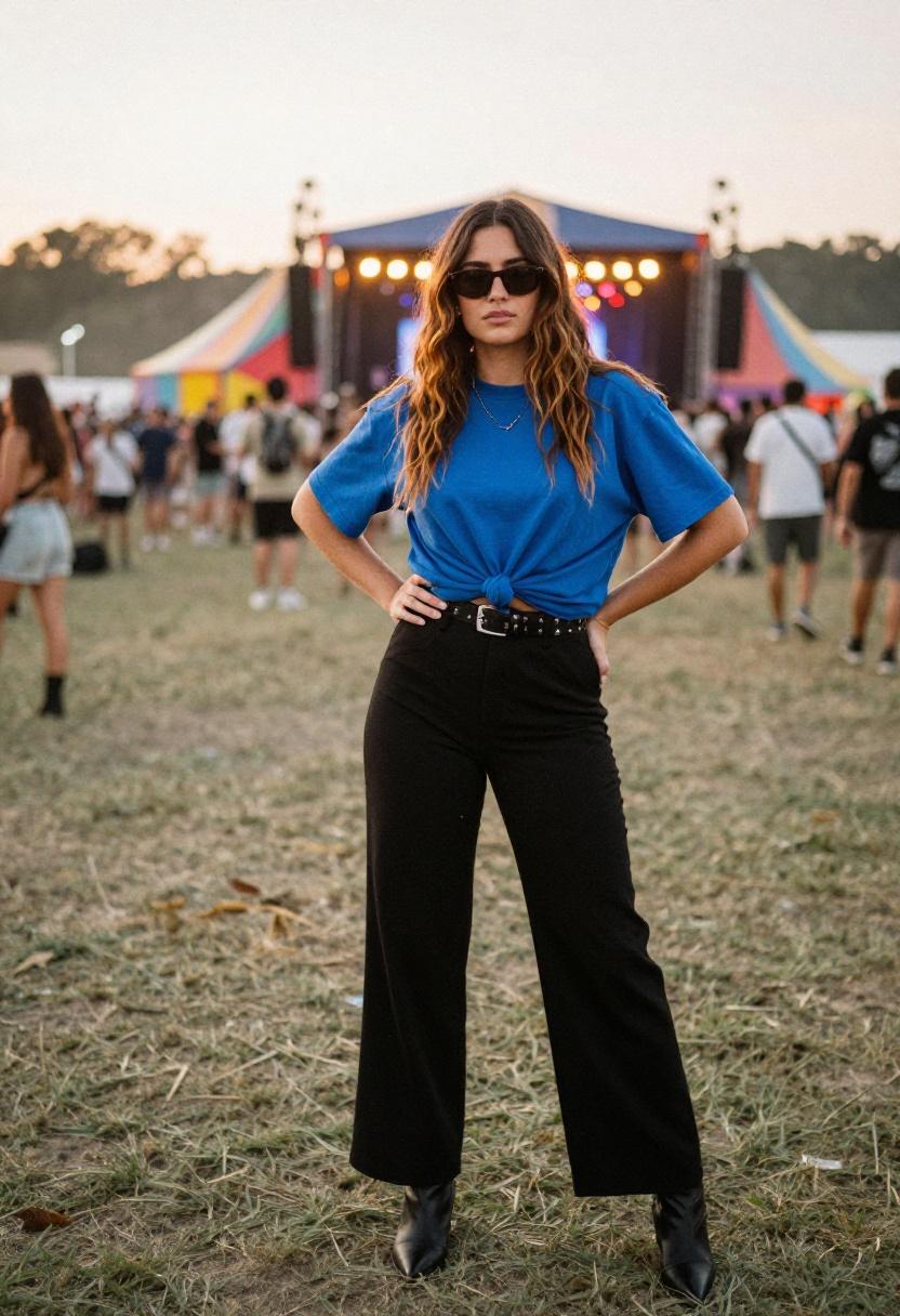 Cobalt band tee knotted over wide-leg trousers with studded belt for indie cool style
