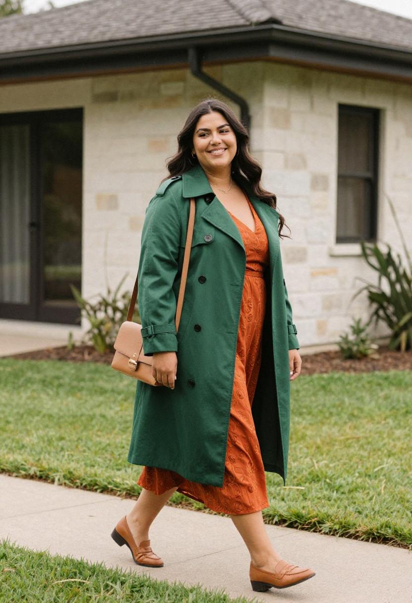Forest green longline trench over rust midi dress plus-size spring polished layering