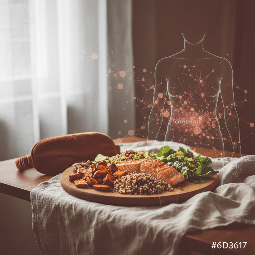 Abstract healthy lifestyle scene with sleep, balanced meals, and stress-centered abdominal tension, illustrating the cortisol and weight connection