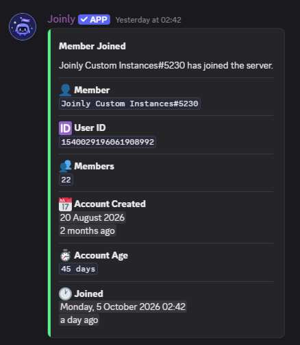 Example Joinly member joined Discord log