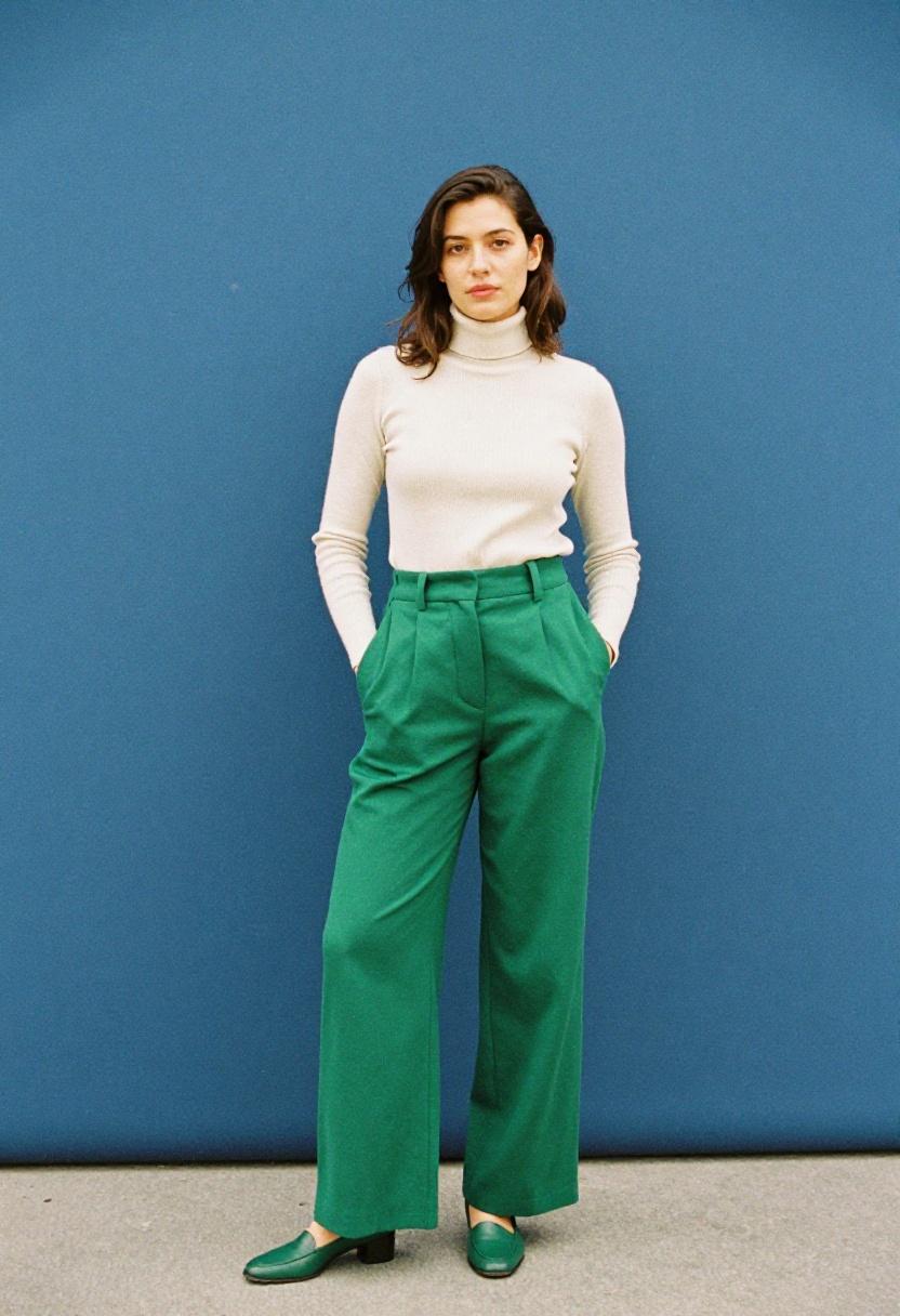 Emerald green wide-leg trousers with fitted turtleneck for petite work outfit