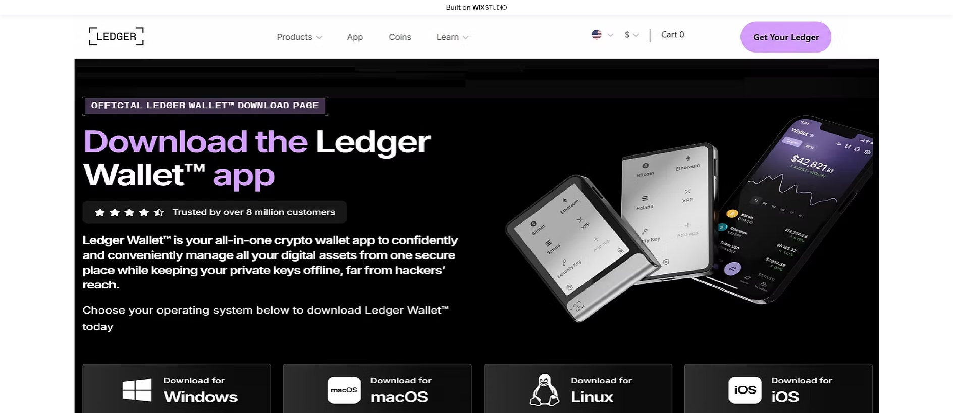 Forensic screenshot of home-ledgeapp.wixstudio.com showing the phishing page layout