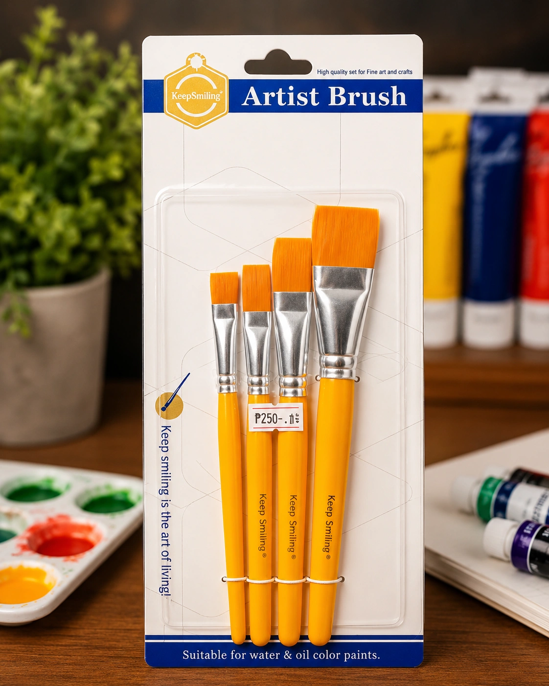 Keep Smiling Flat Artist Brush Set for Acrylic, Oil & Watercolor Painting