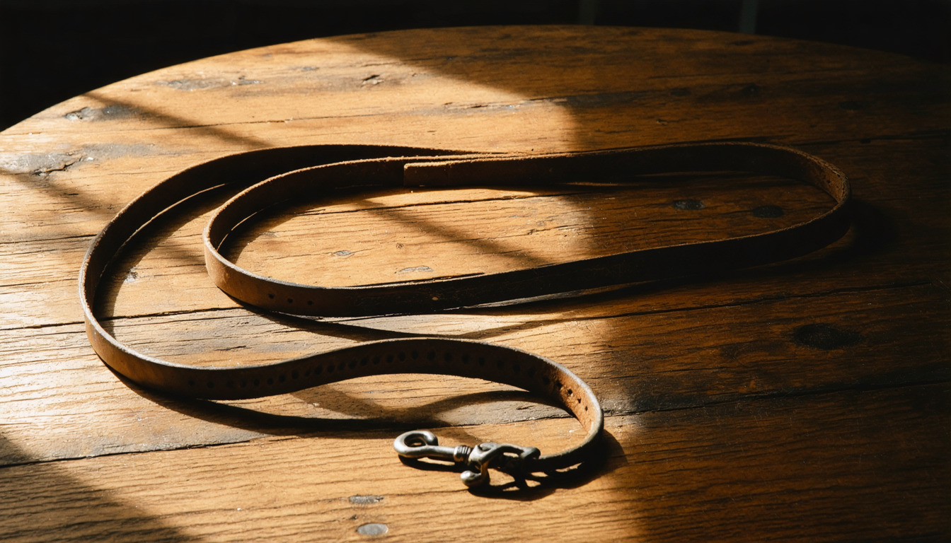 A leather leash on a table, one end clasped tight in the light, the other trailing loose into shadow, attached to nothing.