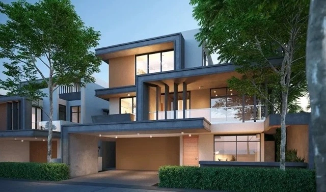Modern triplex villa exterior in Kollur Hyderabad