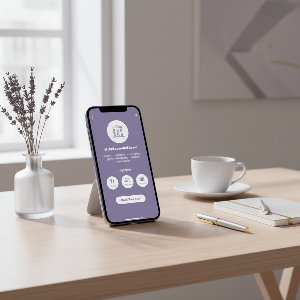Boutique hotel Instagram profile setup with bio, Highlights, and booking link