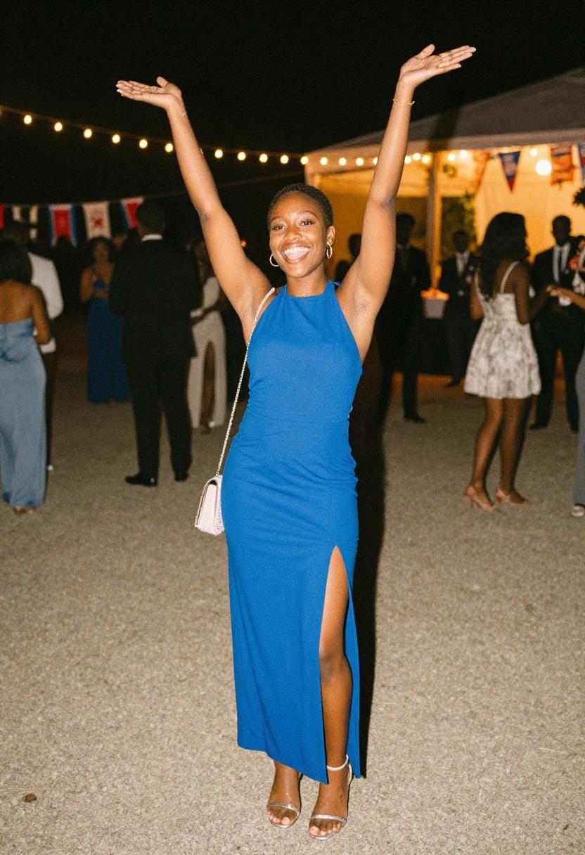Cobalt halter gown with thigh-high slit and silver accessories at prom