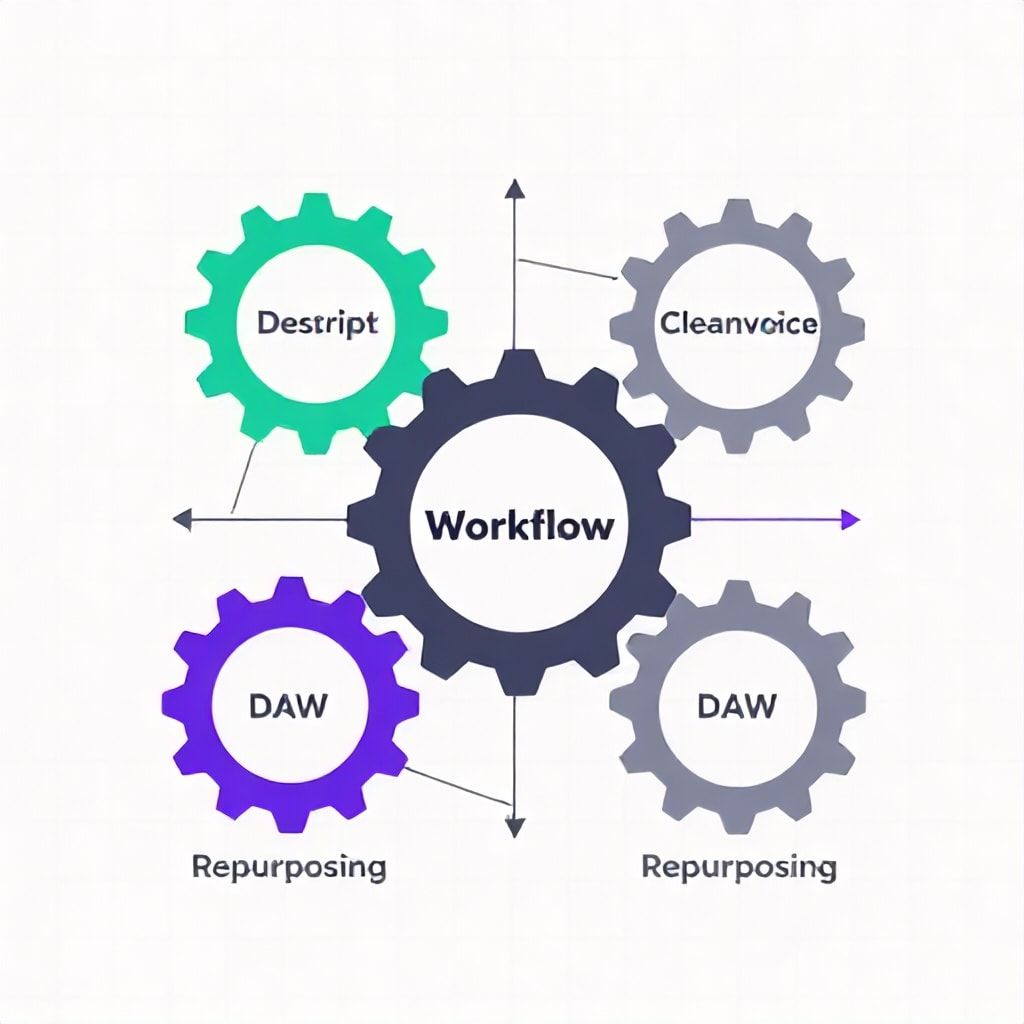 Conceptual illustration of an interconnected AI podcast editing tool stack
