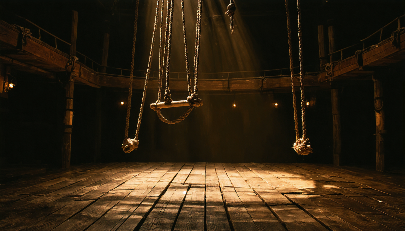 An empty theater stage seen from the wings, dim work lights revealing shadowy figures among ropes and rigging.