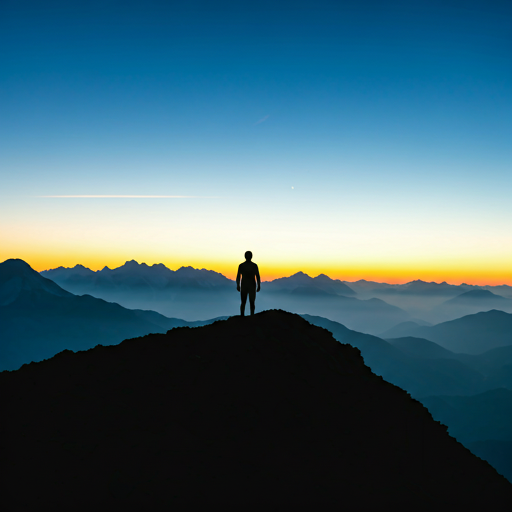 Silhouette of a person standing on a mountain ridge overlooking a vast horizon, symbolizing personal growth and discipline