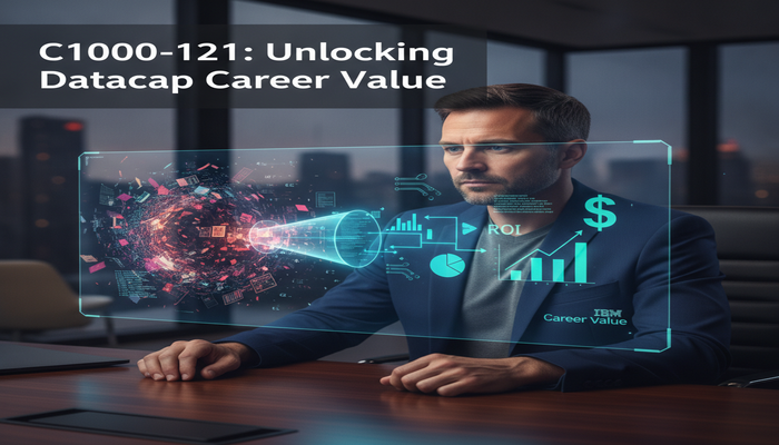 C1000-121: Unlocking Datacap Career Value A focused developer viewing a holographic digital interface, showing complex data transforming into clear, valuable insights, representing the career ROI of the IBM Datacap development exam (C1000-121).