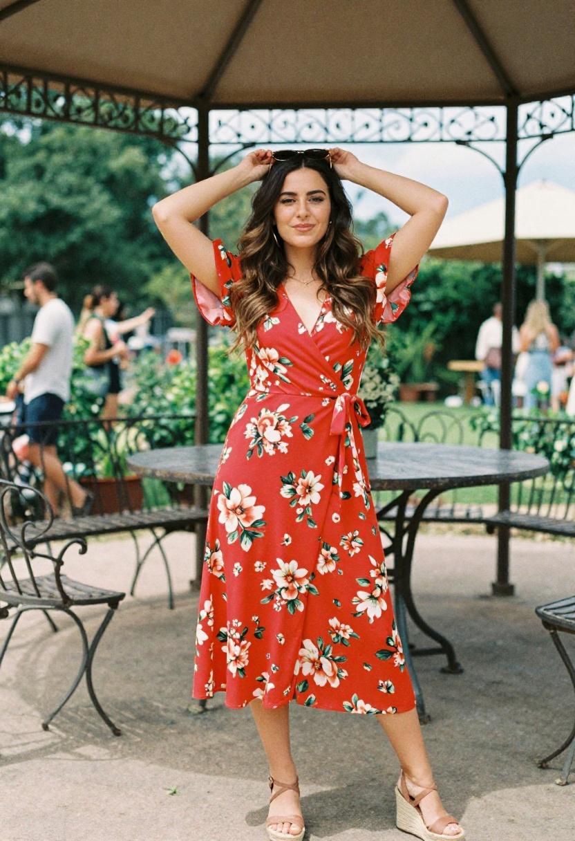 Crimson floral wrap dress and espadrille wedges radiating bohemian confidence at a garden gathering, shot from low angle