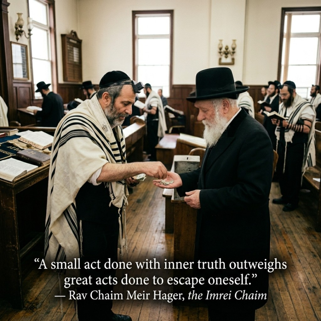 Two men exchange coins in a beis medrash beside a quote attributed to the Imrei Chaim on sincere action.