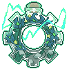 [LvW 2026 Boarding Badge ''Lightning Shine''] A sparkling gear-shaped glass terrarium containing gravel and teal larkspur flowers with electricity curling around it.