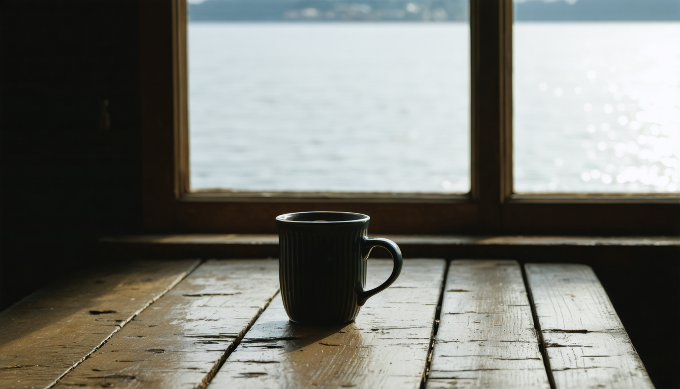 A ceramic cup of coffee on a wooden surface, the coffee clearly room temperature with no steam, morning light from a window illuminating the still surface.