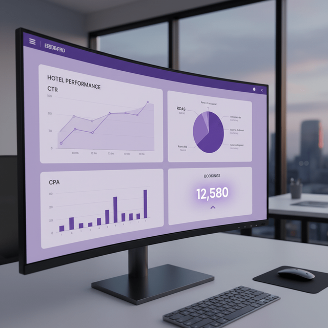 Hotel performance analytics monitor showing CTR, CPA, ROAS, and bookings