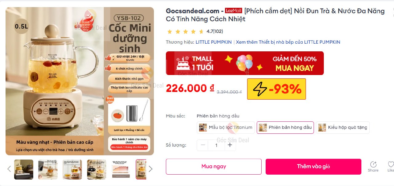 [Phích cắm dẹt] Nồi Đun Trà & Nước Đa Năng Có Tính Năng Cách Nhiệt
