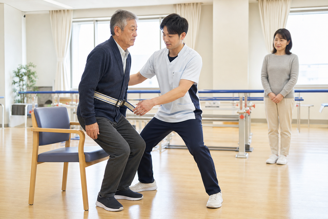 セラピストが脳卒中後の立ち上がりとバランスを安全に評価する場面