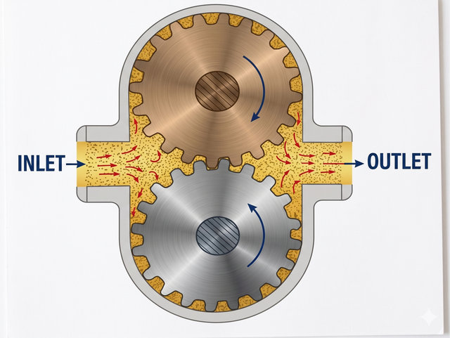 Gear pump working diagram showing liquid movement through meshing gears