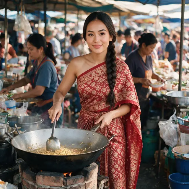A girl with hair in one braid, wearing a traditional red Thai dress, cooking noodles in a huge metal wok on an outdoor stove, holding a cooking utensil, smiling softly, standing in a crowded outdoor market with other vendors all around