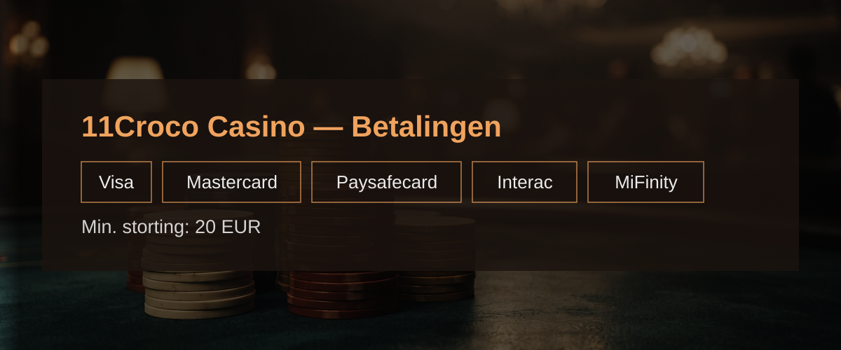 11Croco Casino — Betalingen: Visa, Mastercard, Paysafecard, Interac, MiFinity