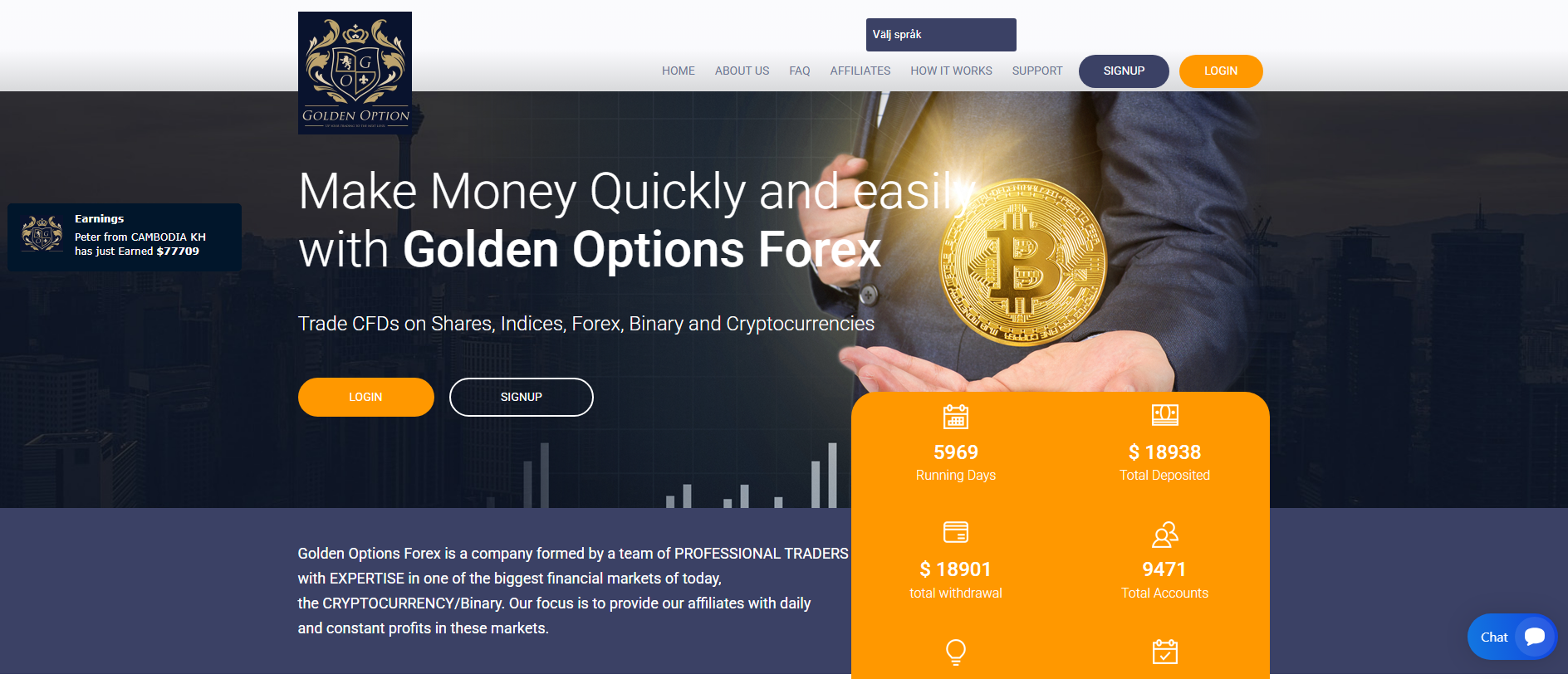 Forensic screenshot of goldenoptionsfx.com showing the phishing page layout