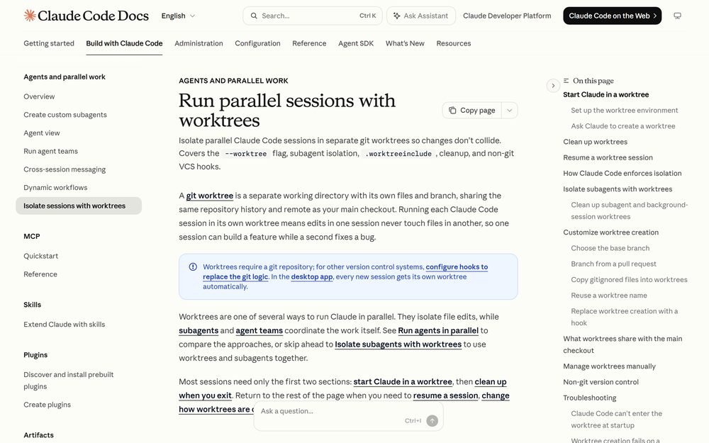 Claude Code official documentation - Run parallel sessions with worktrees (Source: Claude Code official documentation)