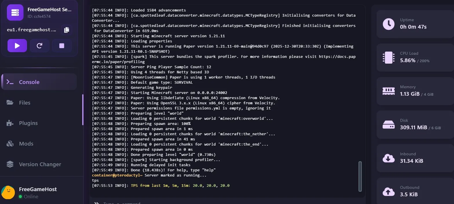 FreeGameHost Pterodactyl panel showing a Minecraft server console, file manager, and startup configuration