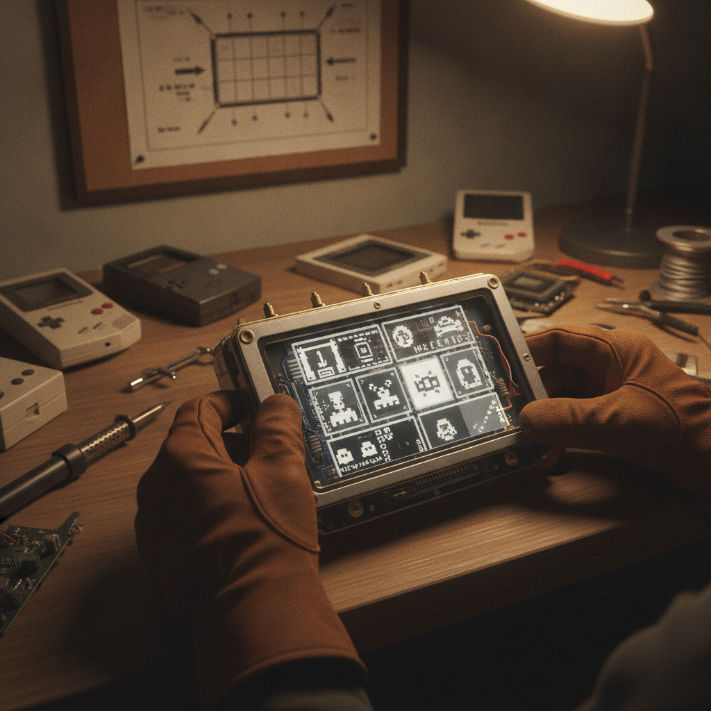 A sleek, black device featuring a customizable e-ink display on its front panel, showcasing various icons or text, hinting at user-driven modifications.